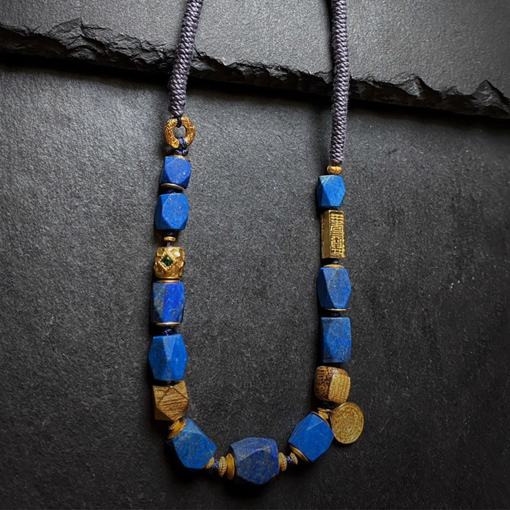 Gold Accented Lapis Lazuli Barrel Bead Necklace