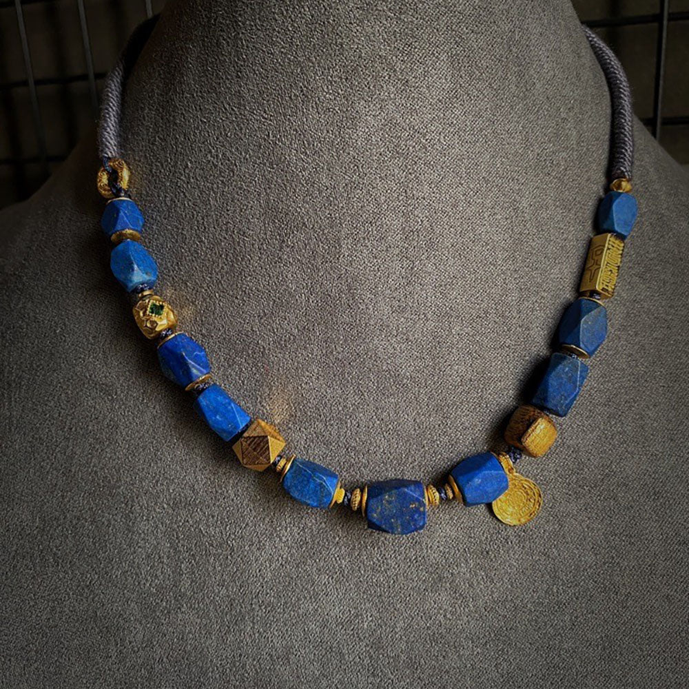 Gold Accented Lapis Lazuli Barrel Bead Necklace