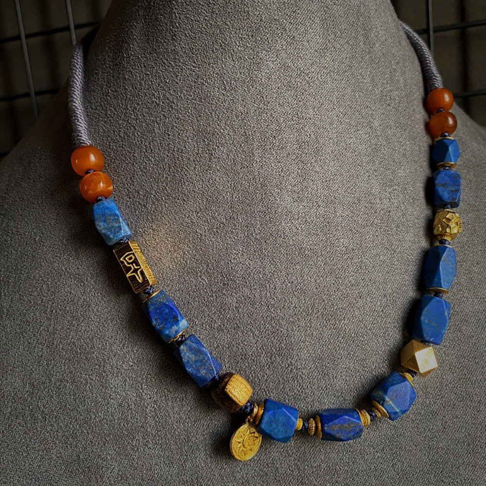 Gold Accented Lapis Lazuli Barrel Bead Necklace