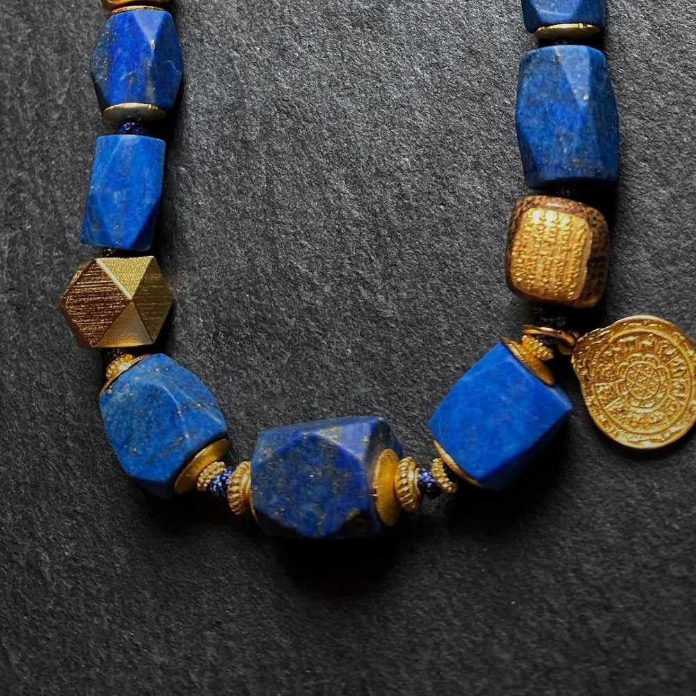 Gold Accented Lapis Lazuli Barrel Bead Necklace