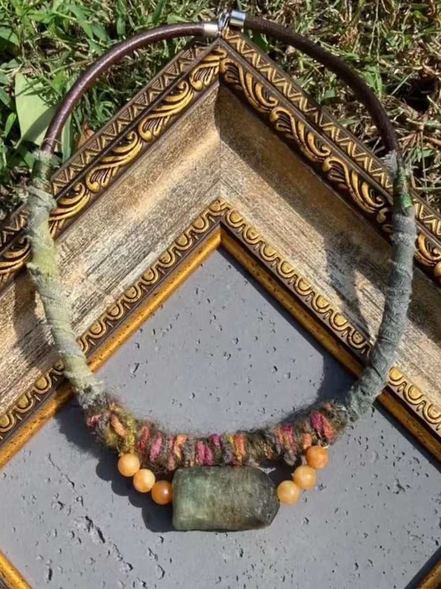 Raw Green Tourmaline Yellow Agate Yak Leather Textile Cord Necklace