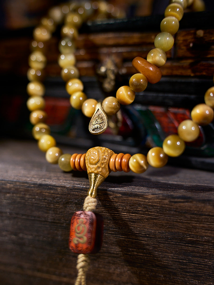 Tibetan Wealth Tiger Eye & Amber Necklace