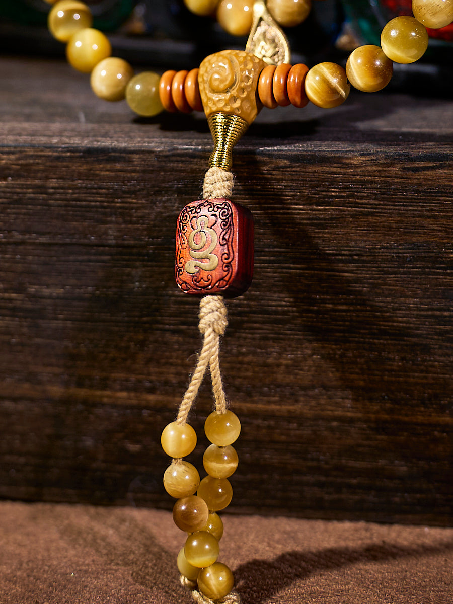 Tibetan Wealth Tiger Eye & Amber Necklace