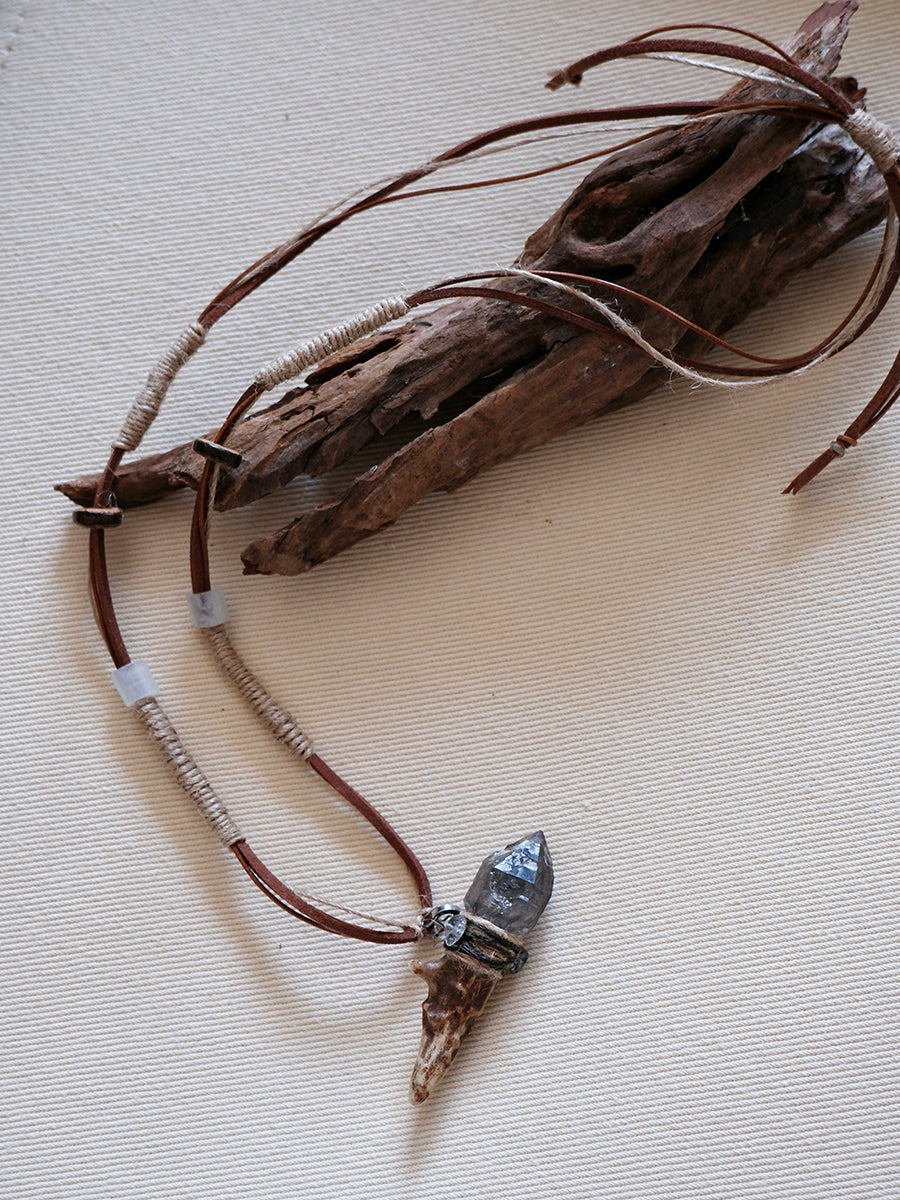 Blue Apatite Antler Yak Leather Braided Cord Himalayan Necklace