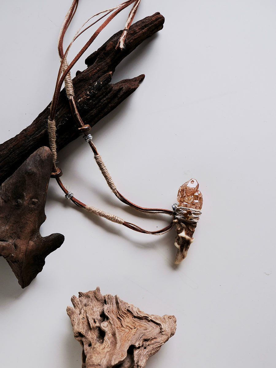 Citrine Antler Yak Leather Braided Cord Himalayan Abundance Necklace