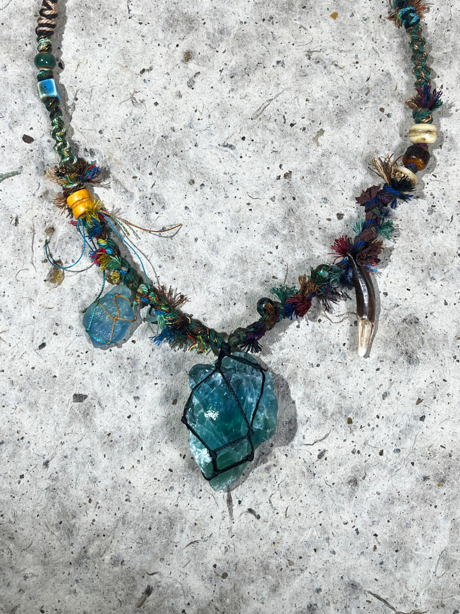Green Fluorite Raw Stone Tibetan Necklace – Clarity, Growth and Wild Spirit