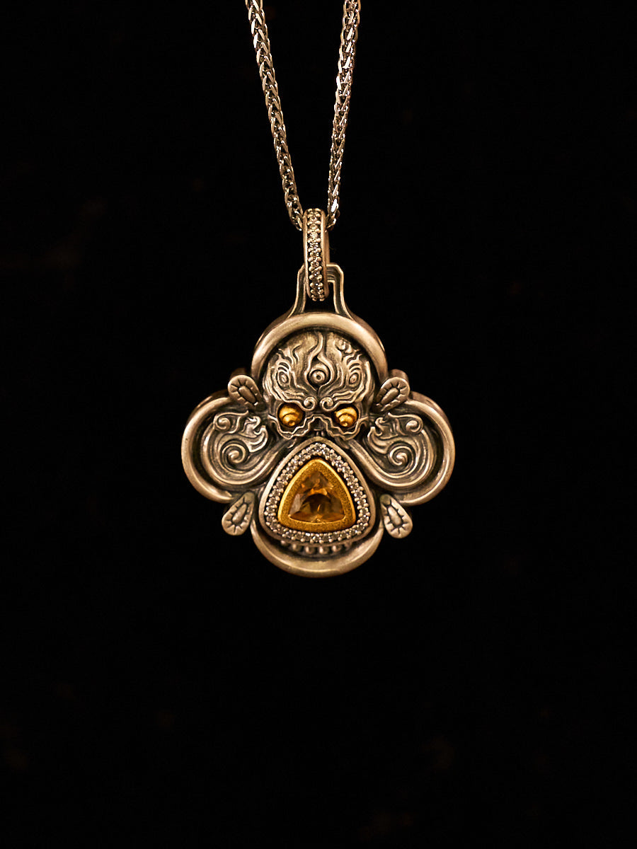 Spiritual Protection Amulet Śmaśāna-Adhipati Necklace with Citrine 925 Silver