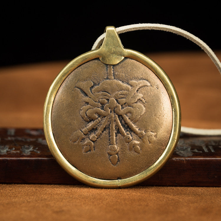 Rare Tibetan Lotus Six-Syllable Mantra Zhiwa Trak Ritual Plaque Pendant – Ten Auspicious Symbols, Old Copper