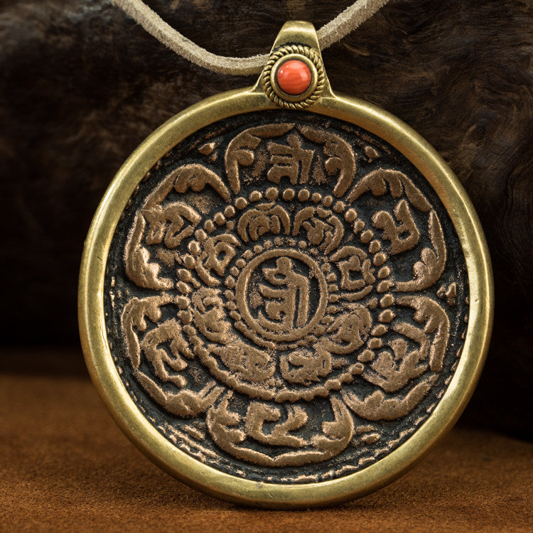 Rare Tibetan Lotus Six-Syllable Mantra Zhiwa Trak Ritual Plaque Pendant – Ten Auspicious Symbols, Old Copper