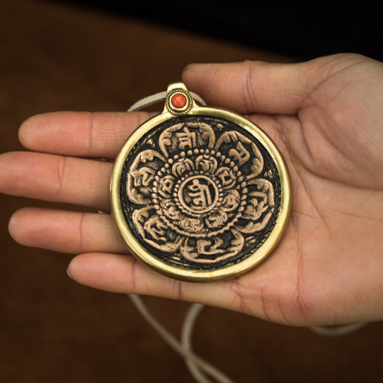 Rare Tibetan Lotus Six-Syllable Mantra Zhiwa Trak Ritual Plaque Pendant – Ten Auspicious Symbols, Old Copper