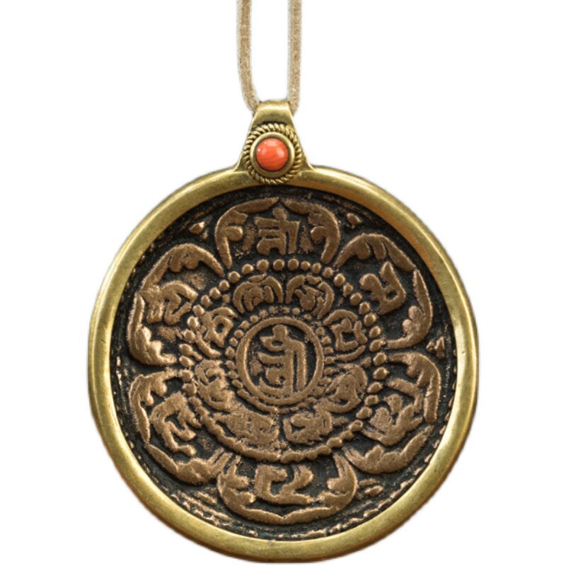 Rare Tibetan Lotus Six-Syllable Mantra Zhiwa Trak Ritual Plaque Pendant – Ten Auspicious Symbols, Old Copper