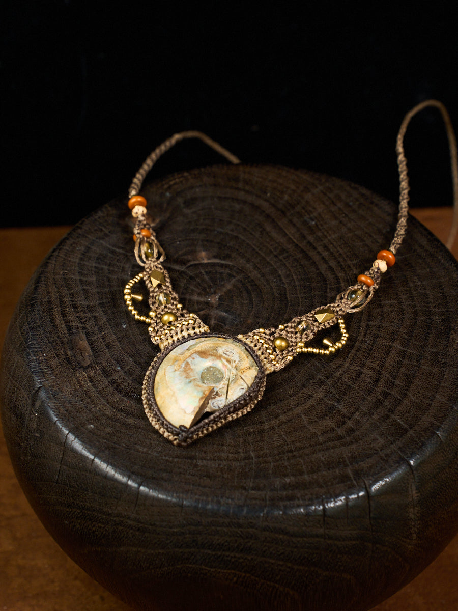 Ancient Spiral Ammonite Citrine Brass Macramé Necklace