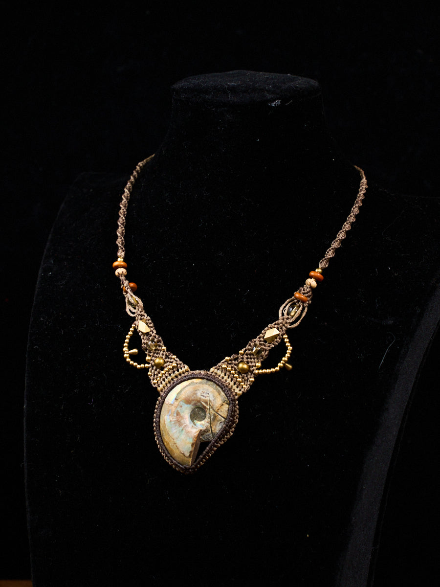 Ancient Spiral Ammonite Citrine Brass Macramé Necklace