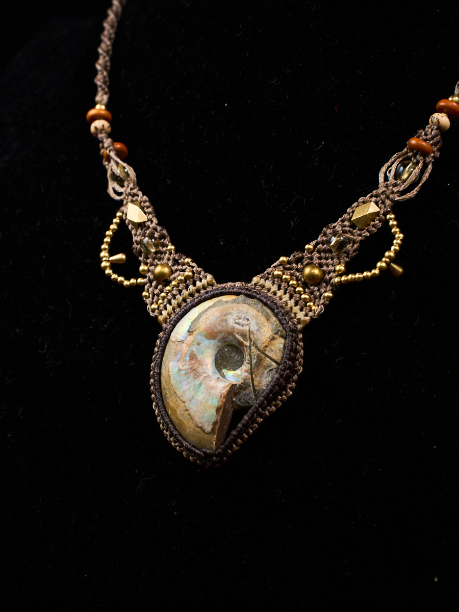 Ancient Spiral Ammonite Citrine Brass Macramé Necklace