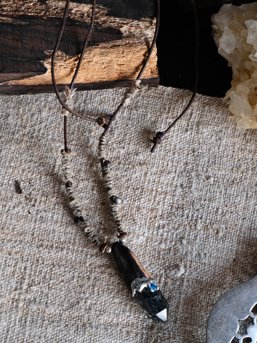 Ink Dispersion Quartz Blue Apatite Sterling Silver Yak Leather Tibetan Necklace