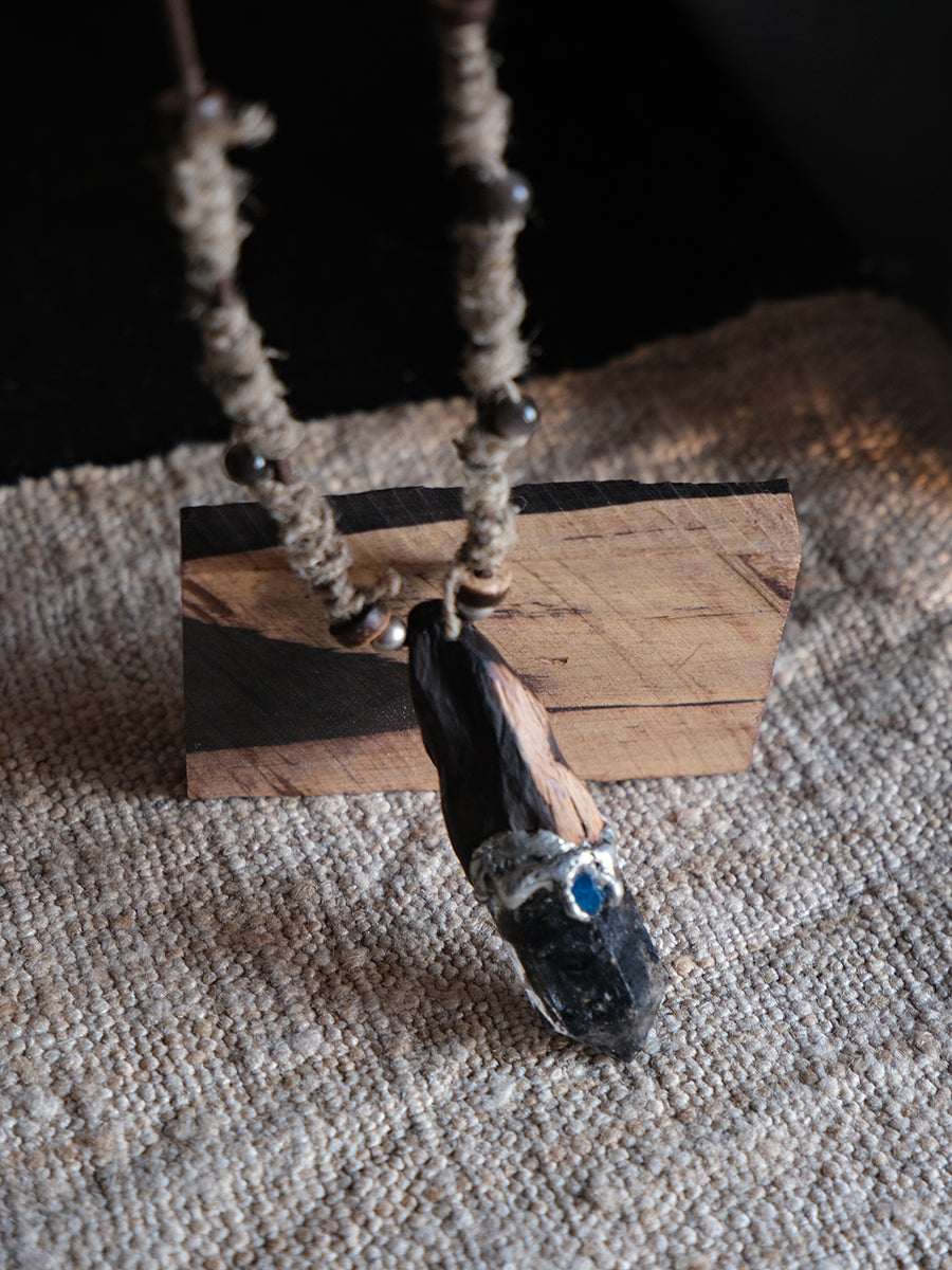 Ink Dispersion Quartz Blue Apatite Sterling Silver Yak Leather Tibetan Necklace
