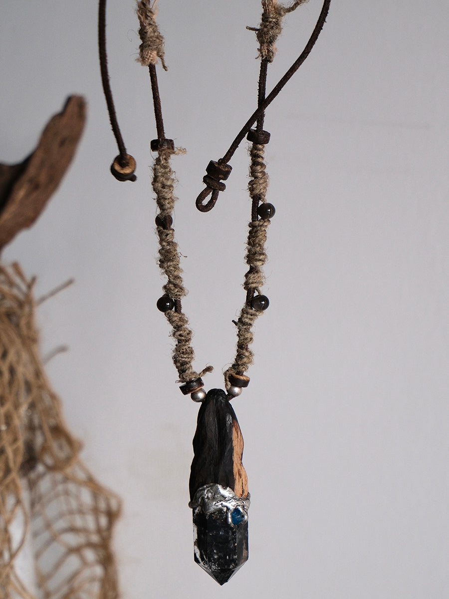 Ink Dispersion Quartz Blue Apatite Sterling Silver Yak Leather Tibetan Necklace