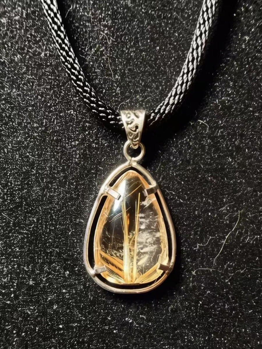 Golden Rutile Quartz Sterling Silver Teardrop Tibetan Cord Necklace