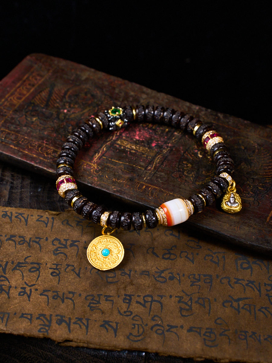 Mandala Coconut Shell Agate Dzi Ruby Emerald Turquoise Tibetan Bracelet
