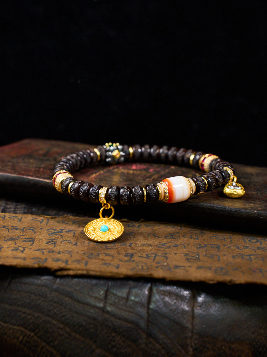 Mandala Coconut Shell Agate Dzi Ruby Emerald Turquoise Tibetan Bracelet