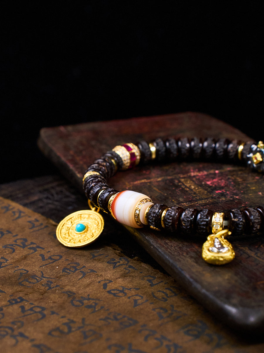 Mandala Coconut Shell Agate Dzi Ruby Emerald Turquoise Tibetan Bracelet