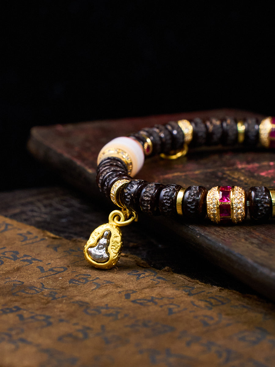 Mandala Coconut Shell Agate Dzi Ruby Emerald Turquoise Tibetan Bracelet