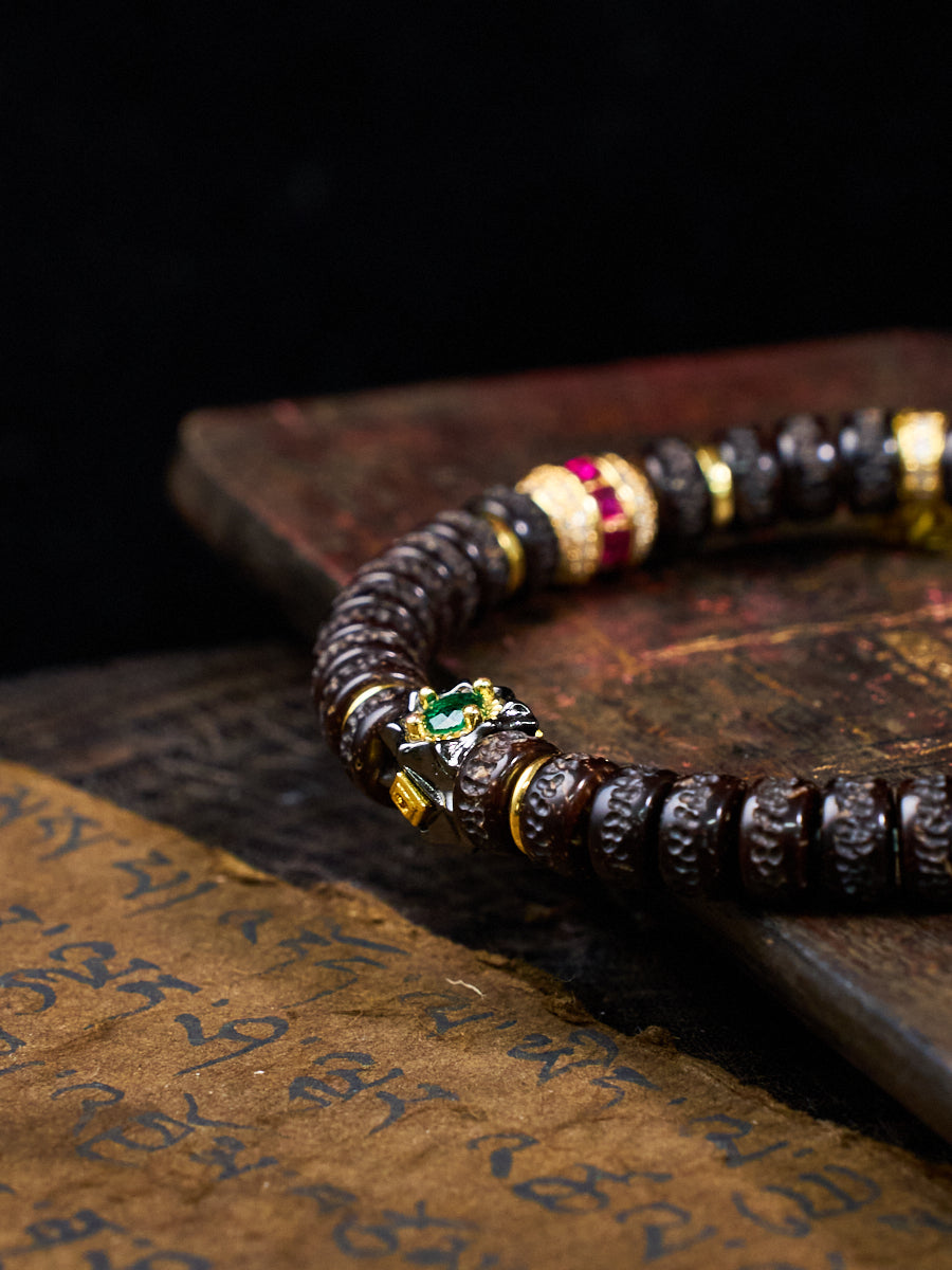 Mandala Coconut Shell Agate Dzi Ruby Emerald Turquoise Tibetan Bracelet