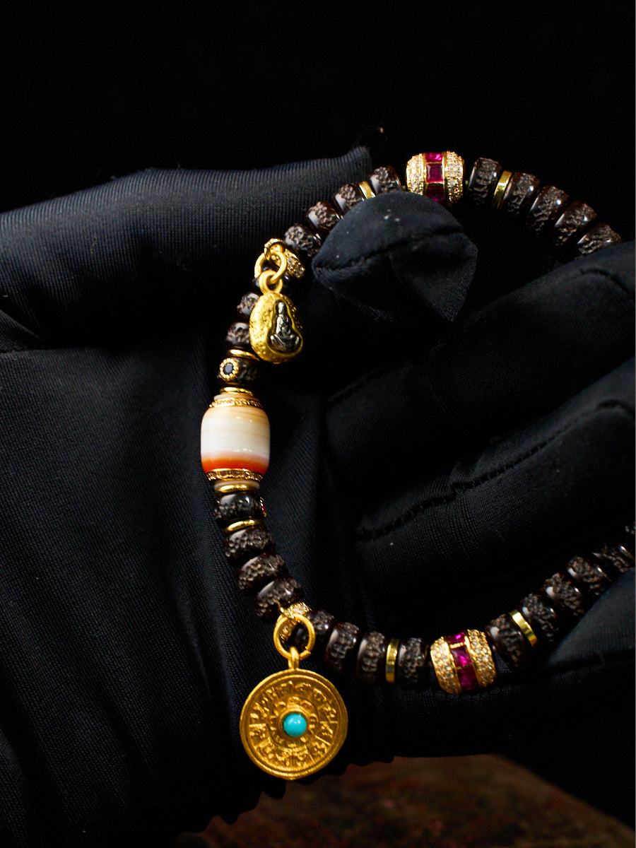 Mandala Coconut Shell Agate Dzi Ruby Emerald Turquoise Tibetan Bracelet