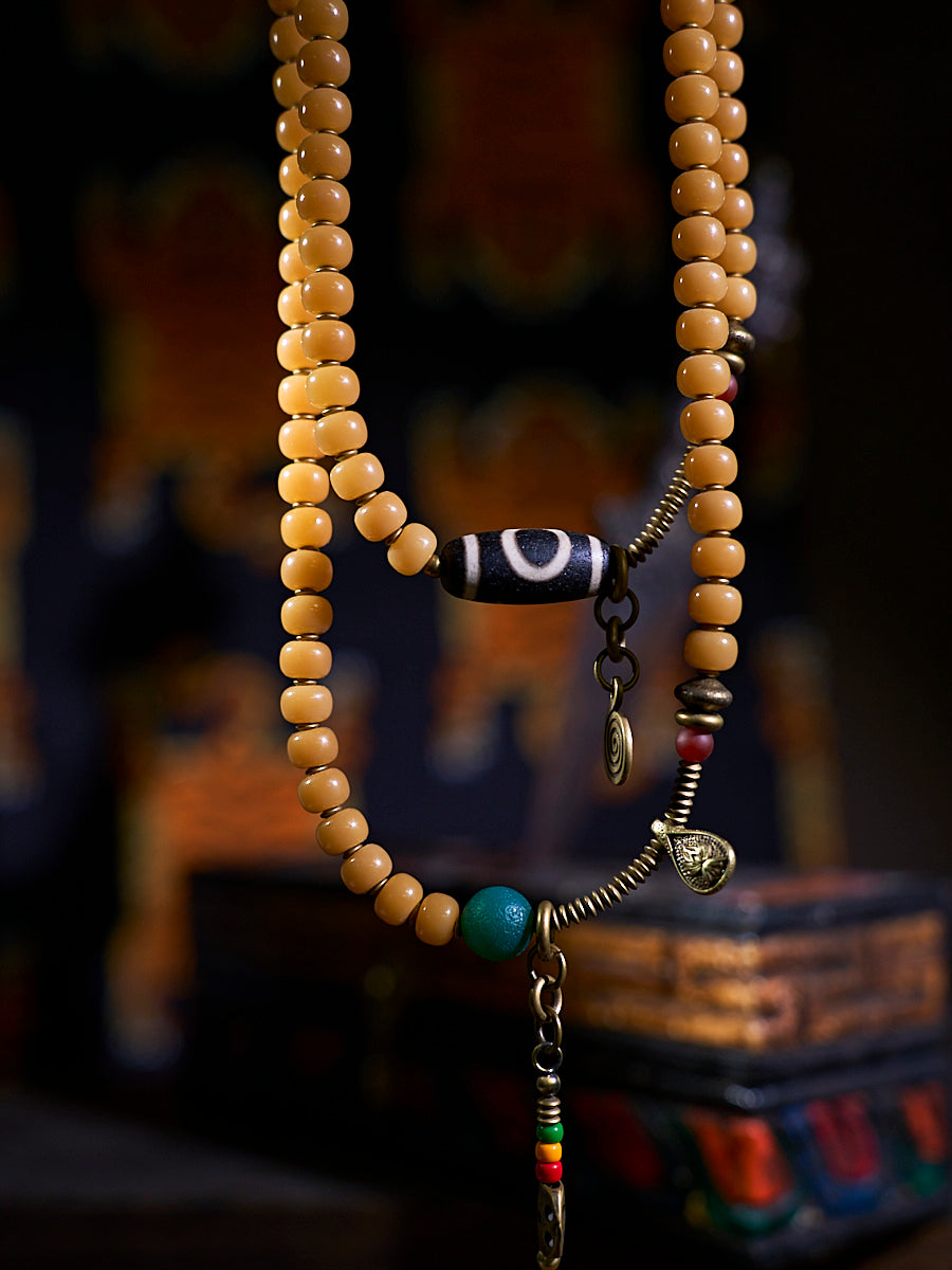 108 Bodhi Seed Dzi Copper Charm Mala Necklace