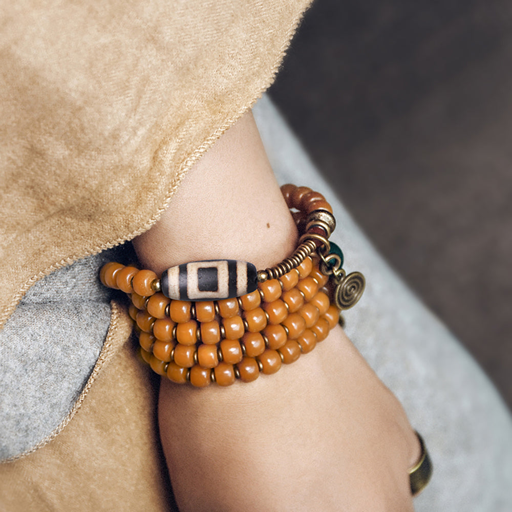 108 Bodhi Seed Dzi Copper Charm Mala Necklace