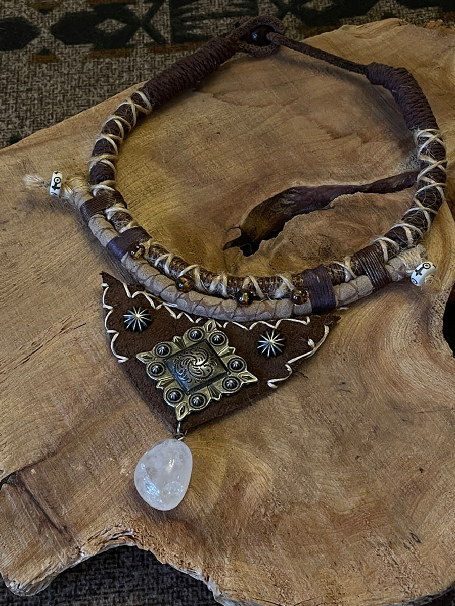 Woven Hide Tiger's Eye Pendant Necklace