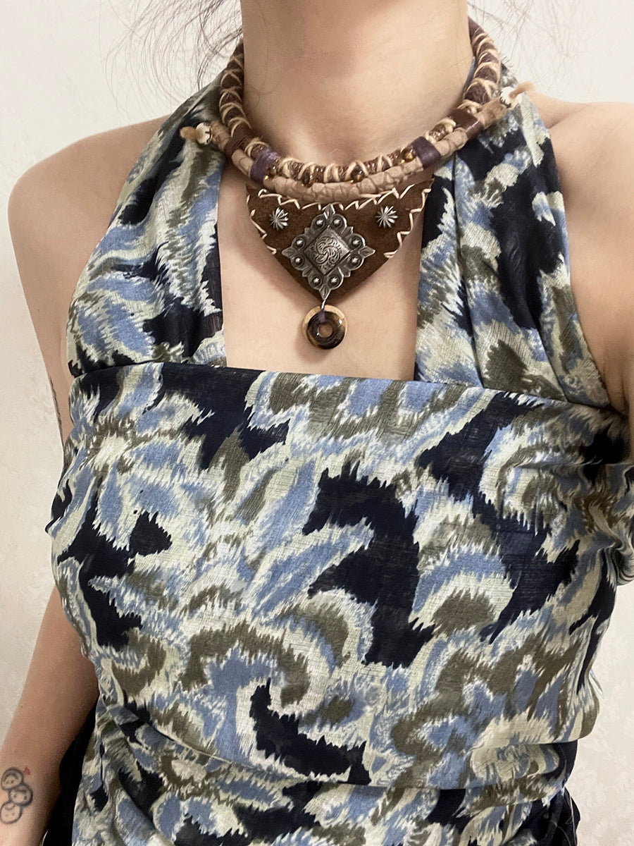 Woven Hide Tiger's Eye Pendant Necklace
