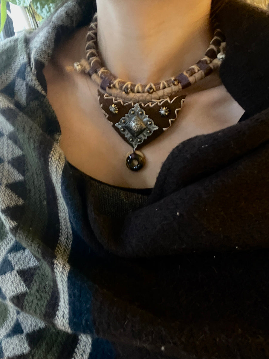 Woven Hide Tiger's Eye Pendant Necklace