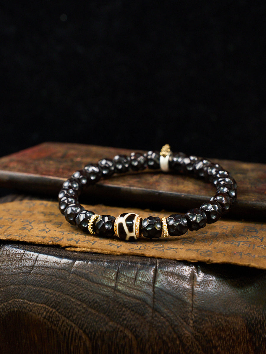 Skull Carved Coconut Shell Dzi Agate Gold Silver Tibetan Bracelet