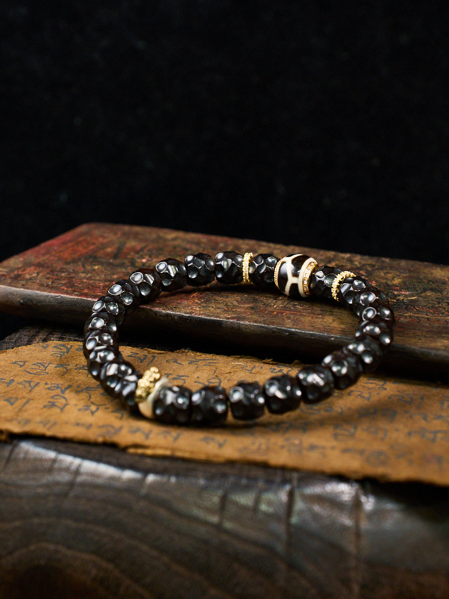 Skull Carved Coconut Shell Dzi Agate Gold Silver Tibetan Bracelet