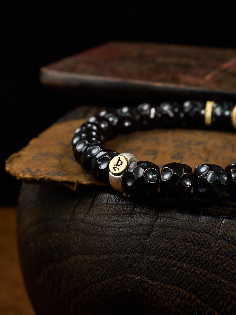 Skull Carved Coconut Shell Dzi Agate Gold Silver Tibetan Bracelet