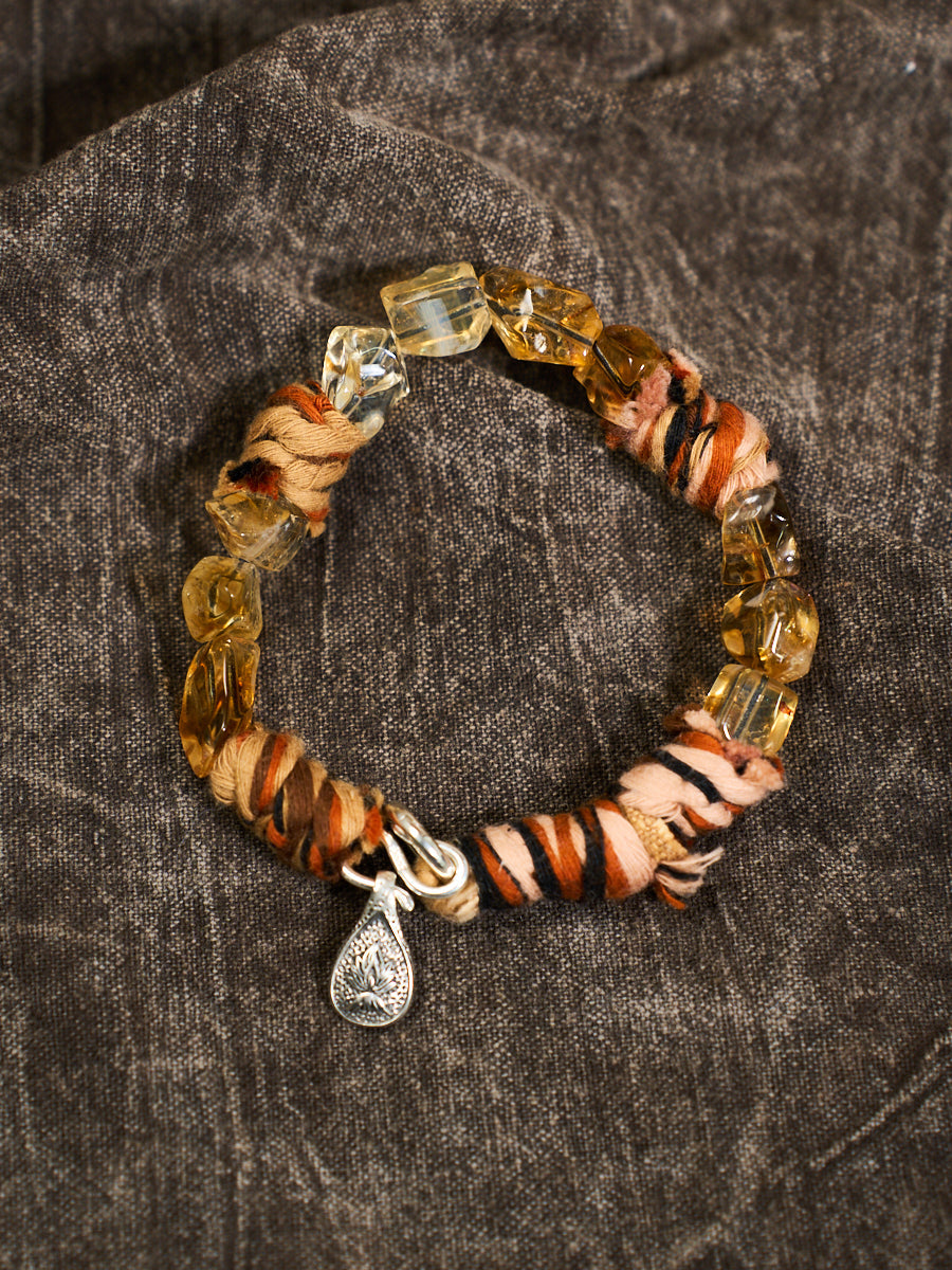 Citrine Chunk Tibetan Thread Silver Charm Bracelet