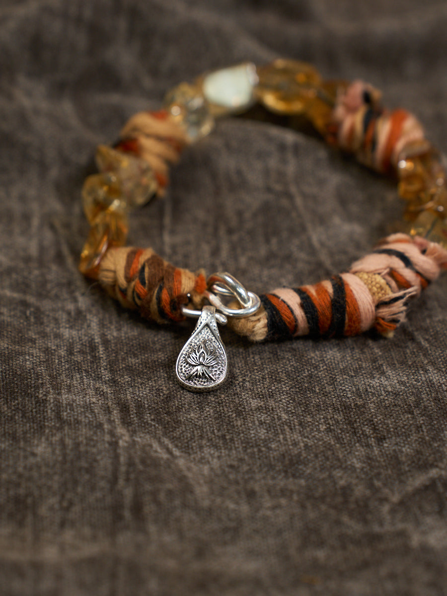 Citrine Chunk Tibetan Thread Silver Charm Bracelet