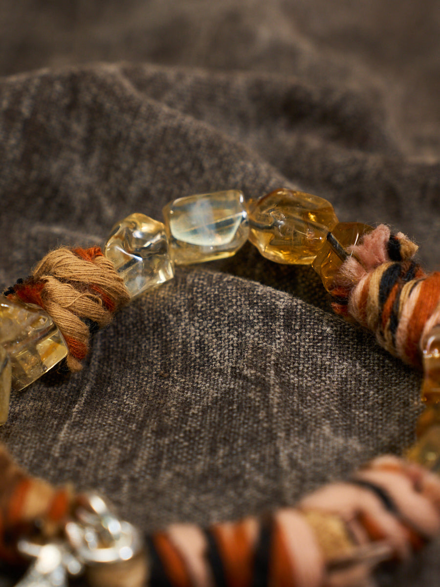 Citrine Chunk Tibetan Thread Silver Charm Bracelet