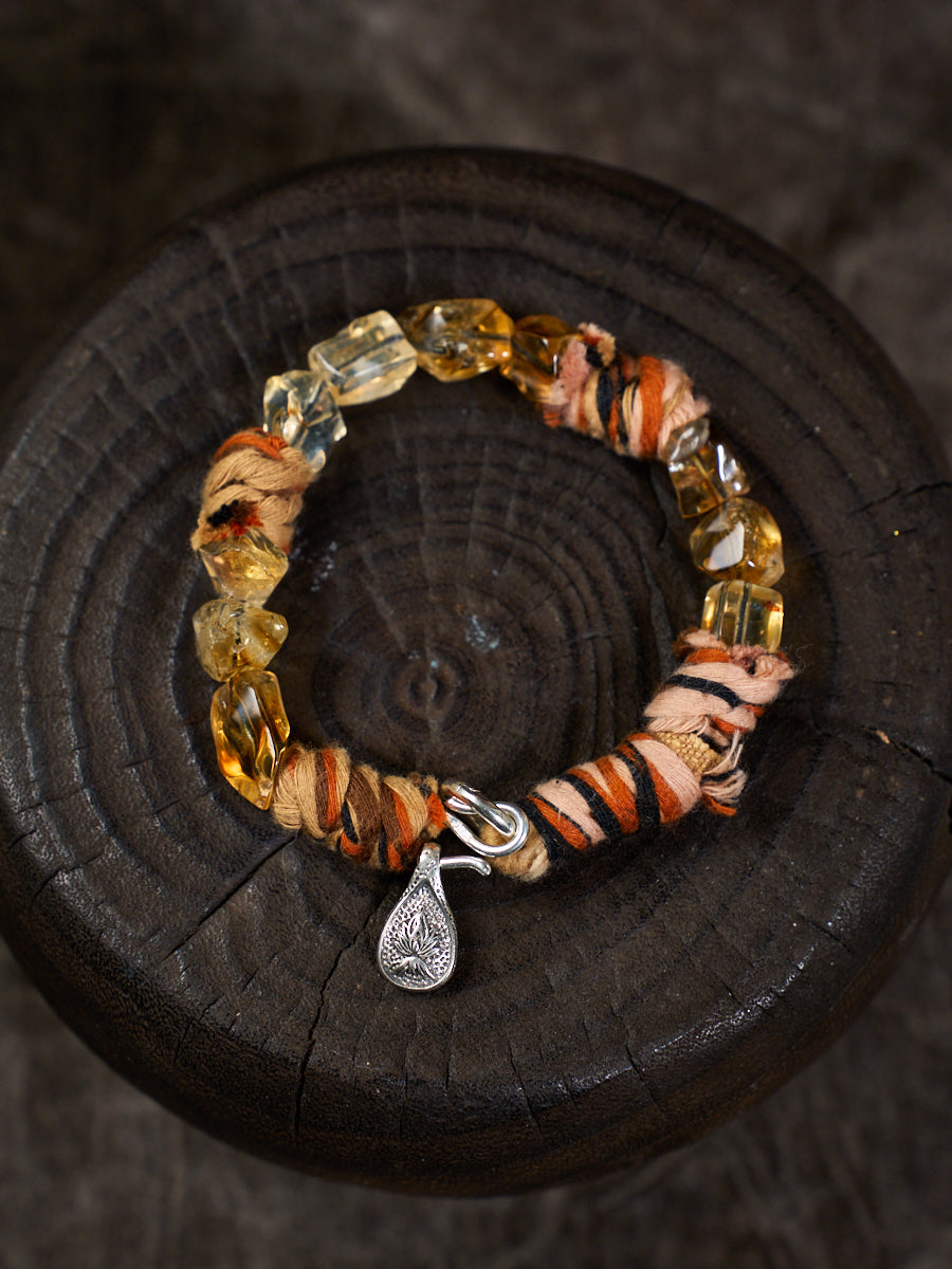 Citrine Chunk Tibetan Thread Silver Charm Bracelet