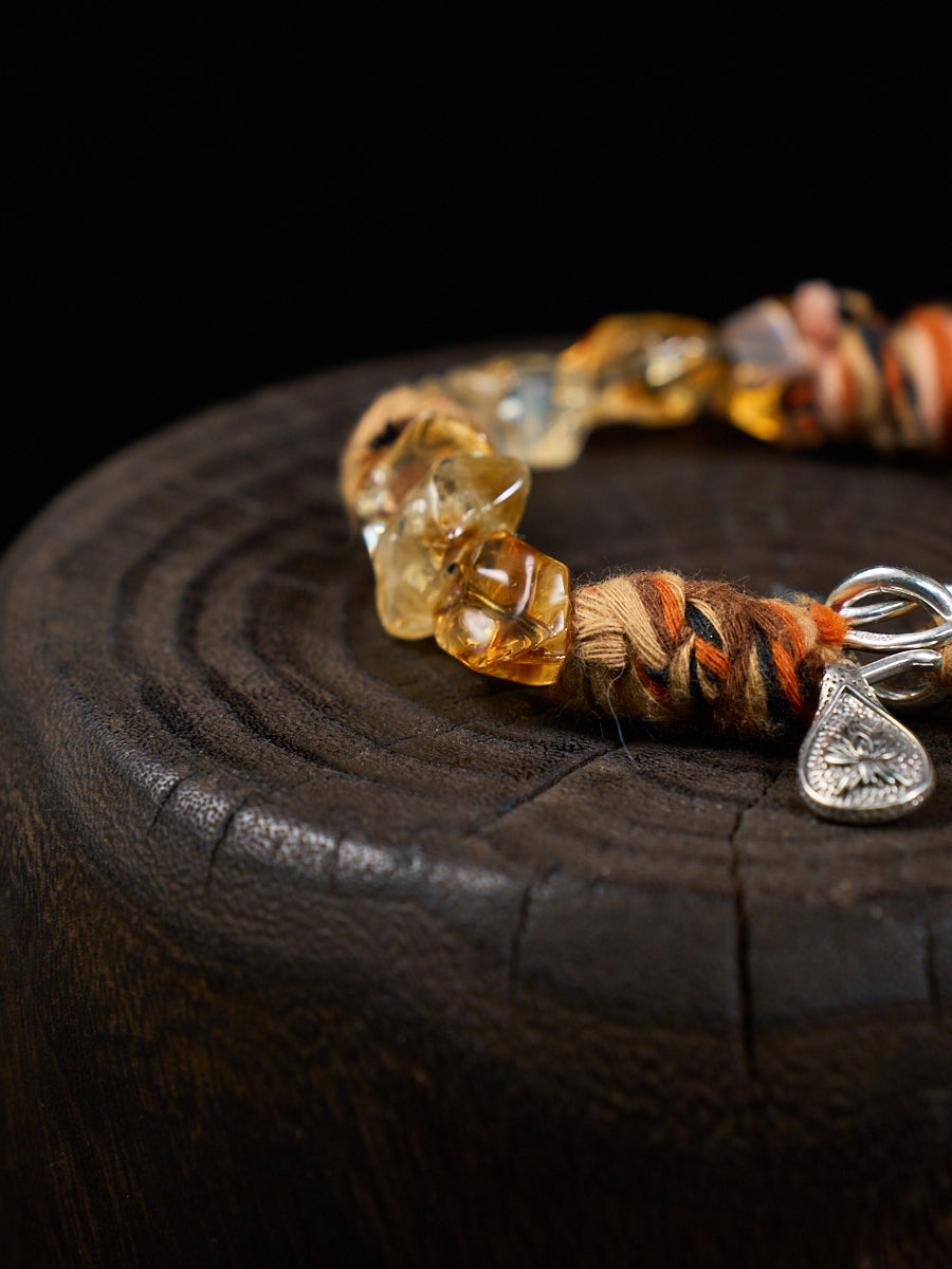 Citrine Chunk Tibetan Thread Silver Charm Bracelet