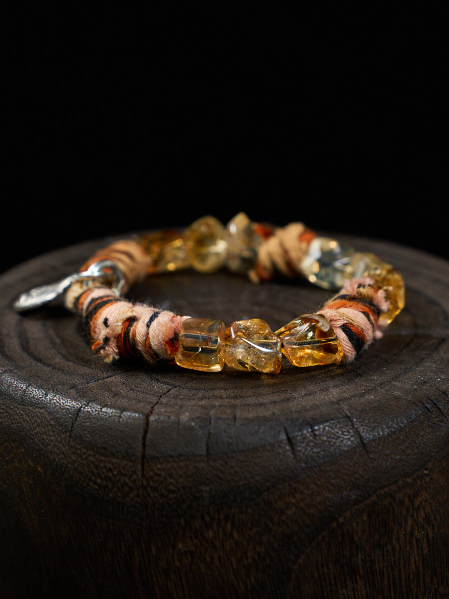 Citrine Chunk Tibetan Thread Silver Charm Bracelet