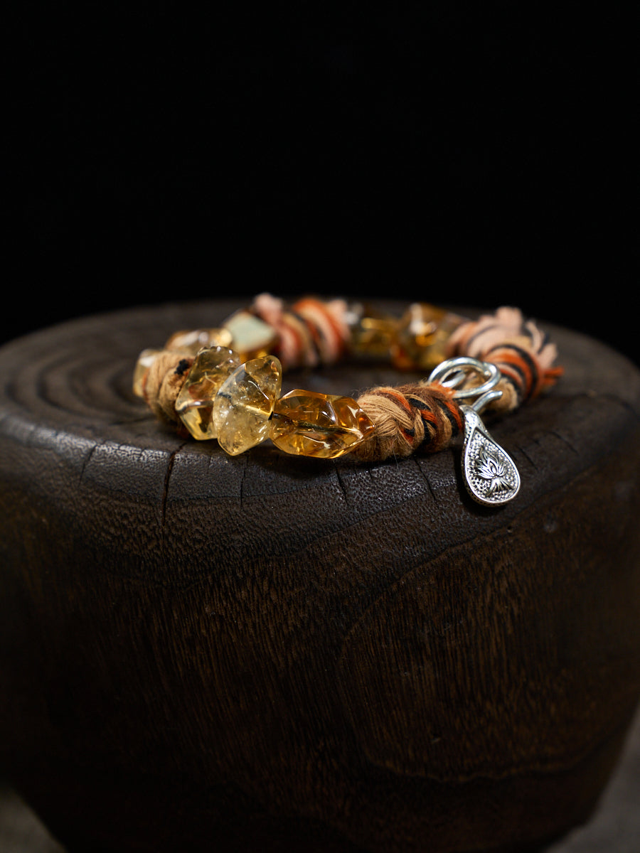 Citrine Chunk Tibetan Thread Silver Charm Bracelet