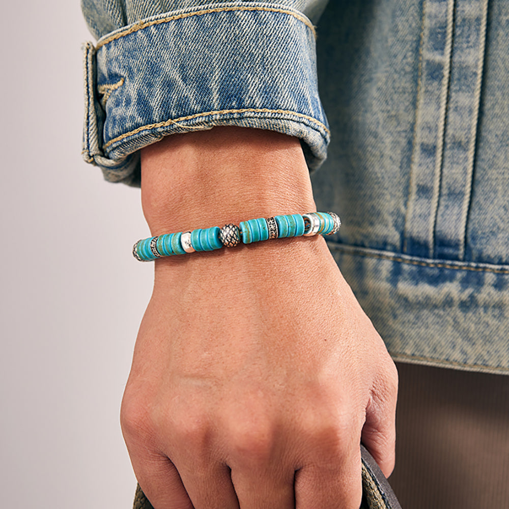 Disc Stack Turquoise Sterling Silver Braided Bracelet