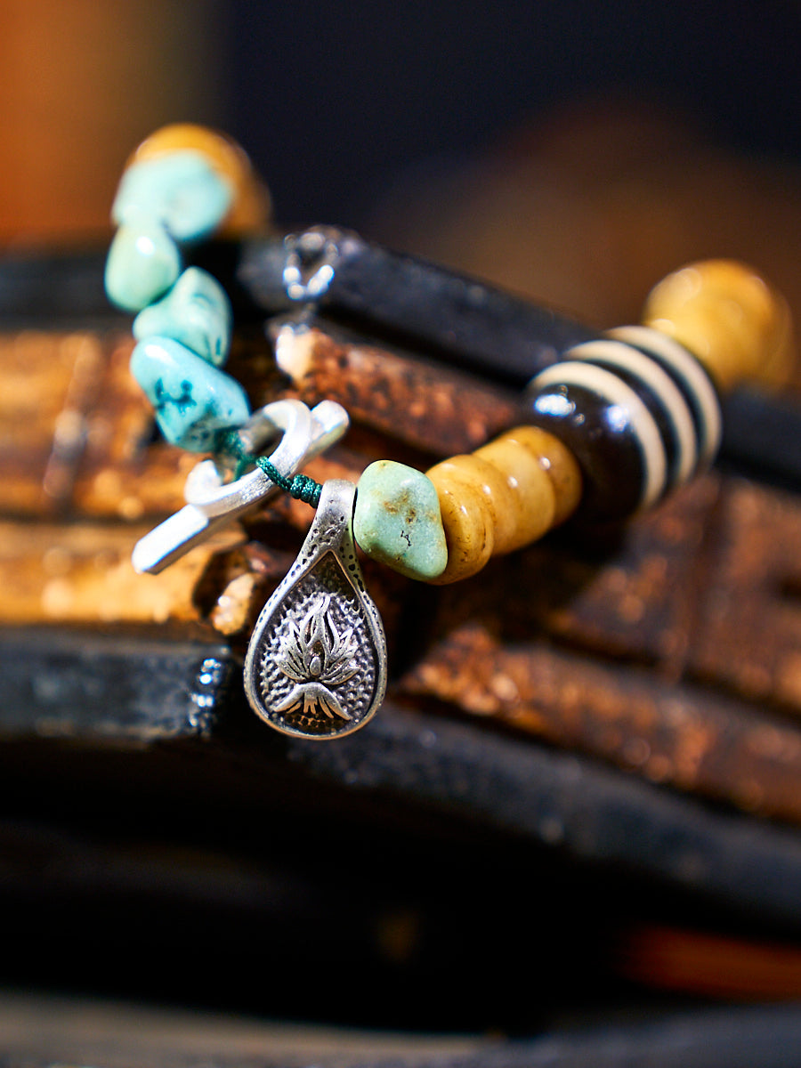 Sacred Protector Turquoise & Yak Bone Stering Silver Bracelet