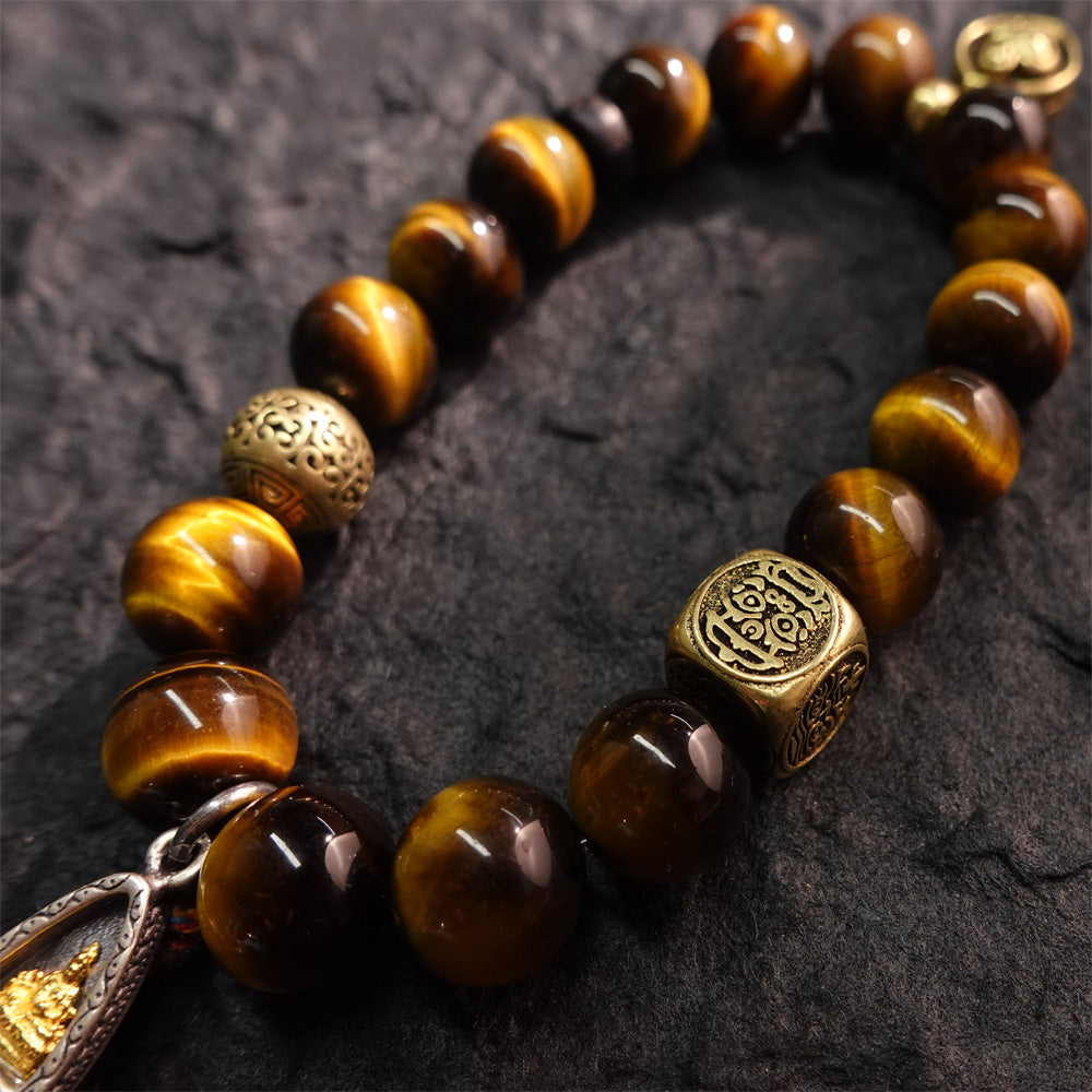 Wealth & Strength Tiger's Eye Bracelet with Gold Buddha Charm