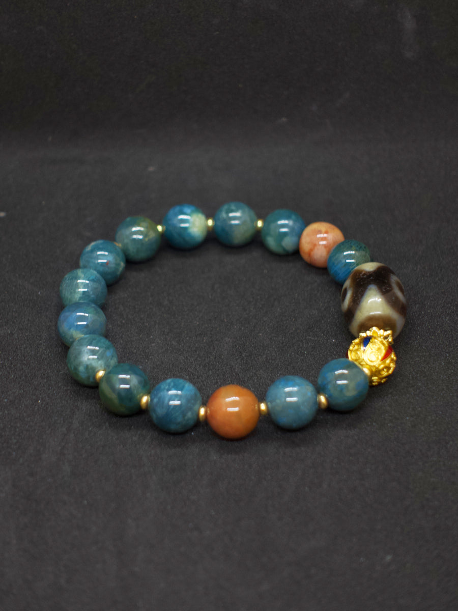 Agatized Coral Three-Eyed Dzi Bead Silver Energy Bracelet