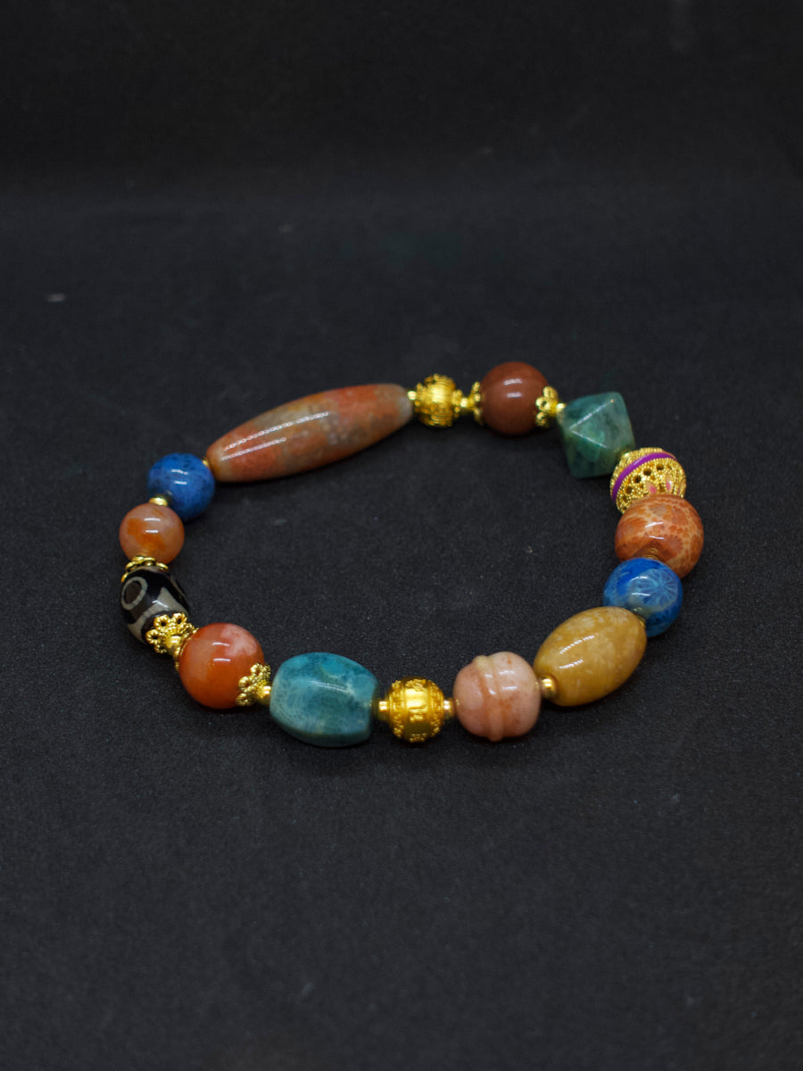 Agatized Coral Wisdom Guardian Three-Eyed Dzi Silver Energy Bracelet
