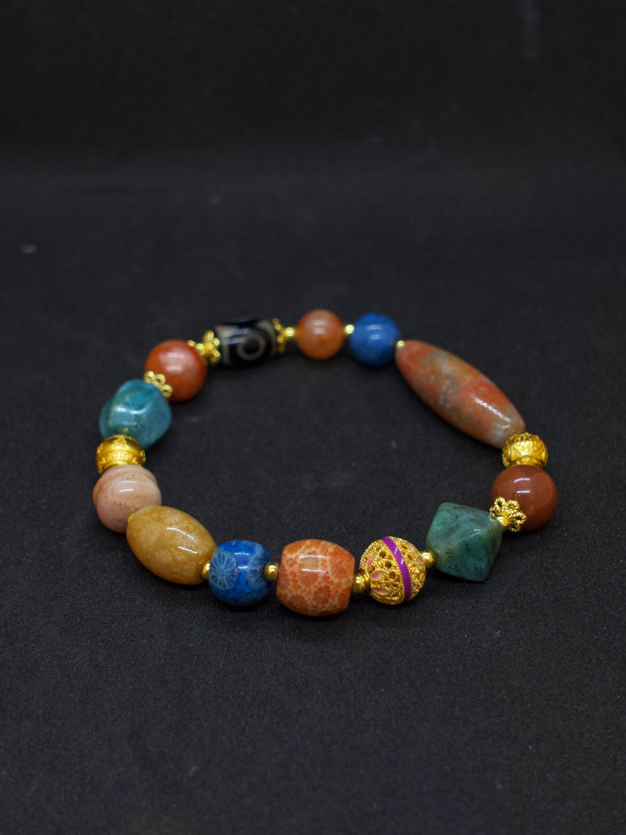Agatized Coral Wisdom Guardian Three-Eyed Dzi Silver Energy Bracelet