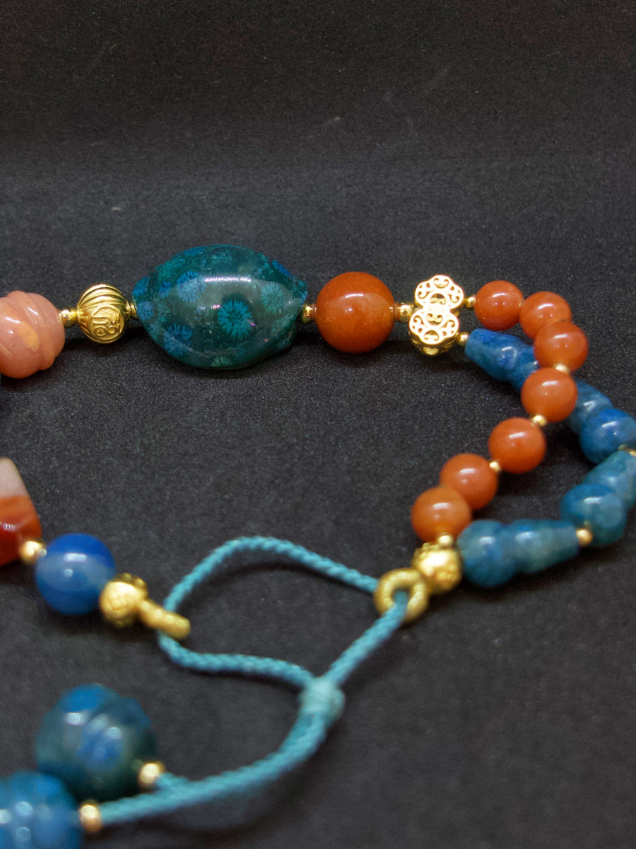 Agatized Coral Gold-Silver Tassel Energy Bracelet
